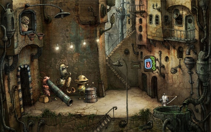 Robots and creature in a steampunk city
