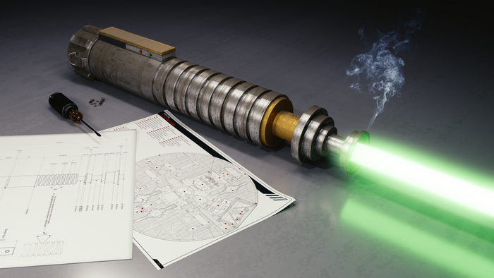 Star Wars Lightsaber on a Table with Blueprints