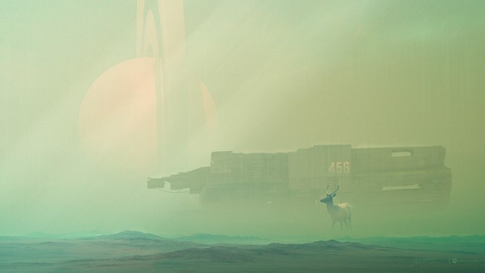 Deer near spaceship on alien planet with rings
