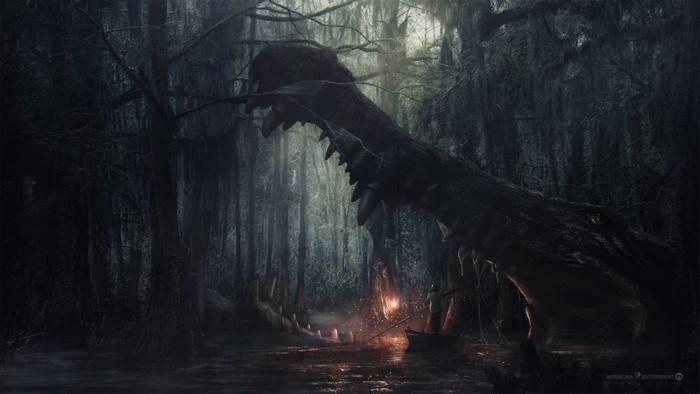 A boat navigates a dark swamp with a giant creature