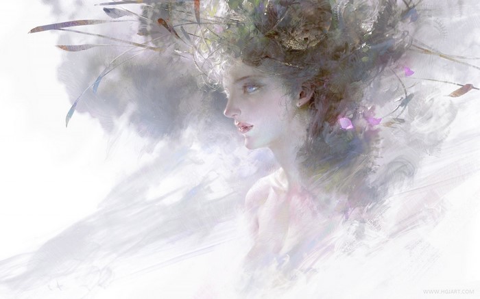 Woman with floral headdress in watercolor style