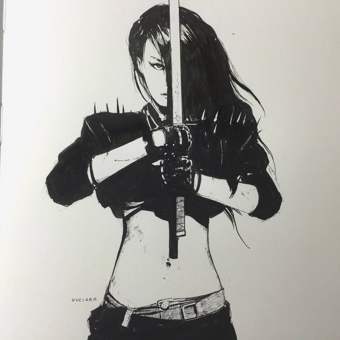 Anime girl with sword, black and white illustration