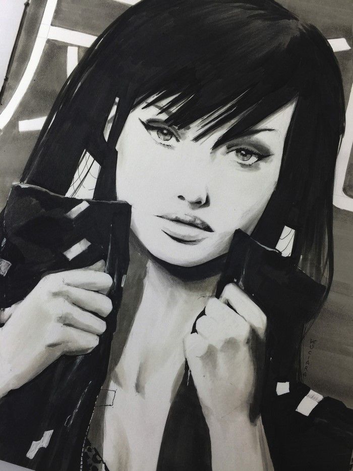 Monochrome illustration of a woman with black hair