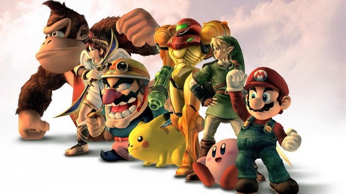Super Smash Bros. characters: Donkey Kong, Pit, Wario, Pikachu, Samus, Link, Kirby, Mario
