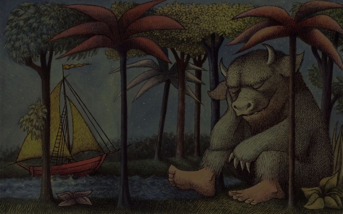 Monster and sailboat in a forest at night