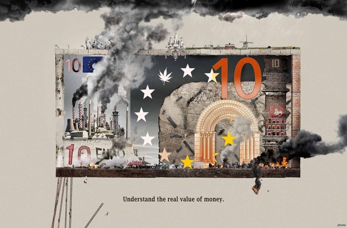 10 Euro banknote with industrial pollution and societal decay