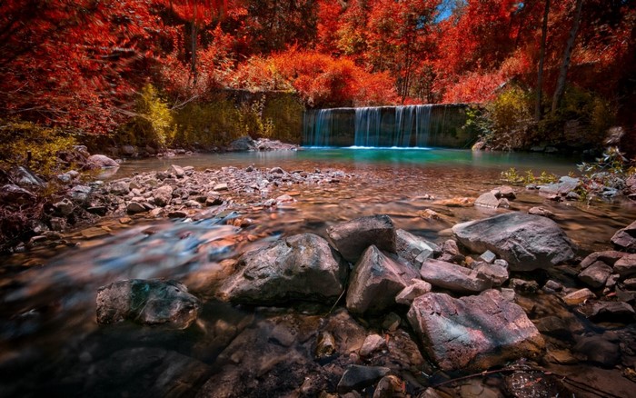 Autumn waterfall in a forest with red leaves and a rocky stream