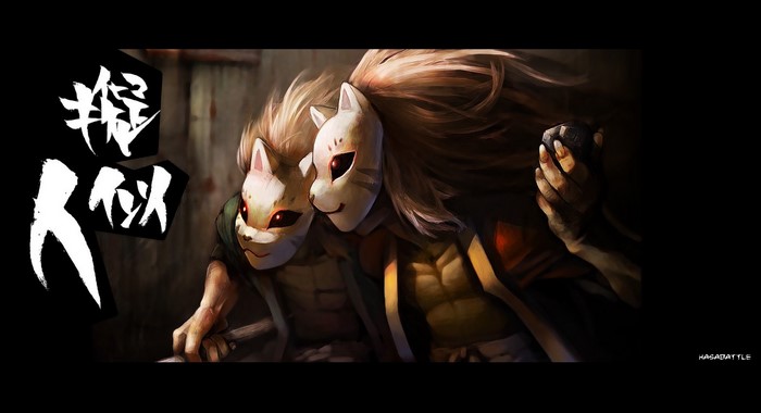 Two anime boys wearing Kitsune masks