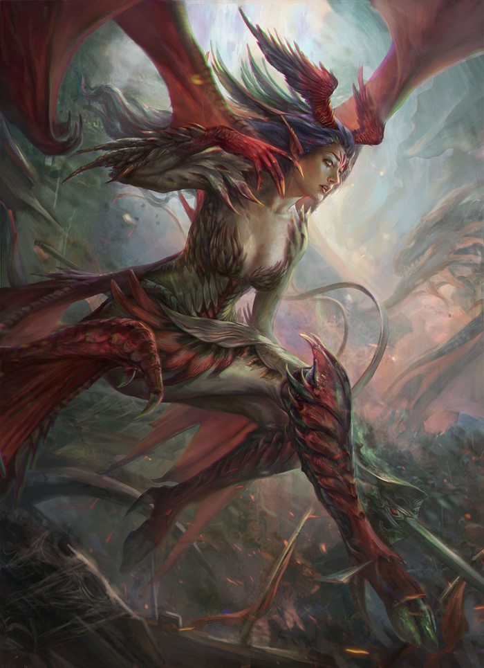 Dragon-like woman warrior with wings and claws