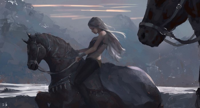 Woman with white hair riding a horse with mountains in background