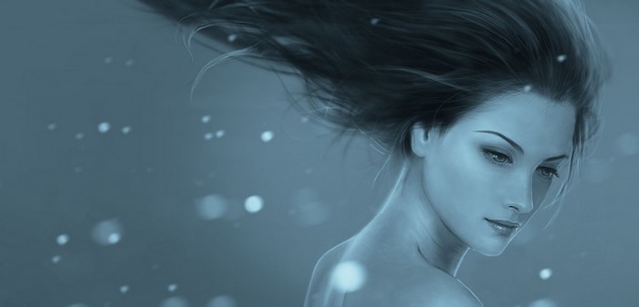 Monochrome portrait of a woman with flowing hair