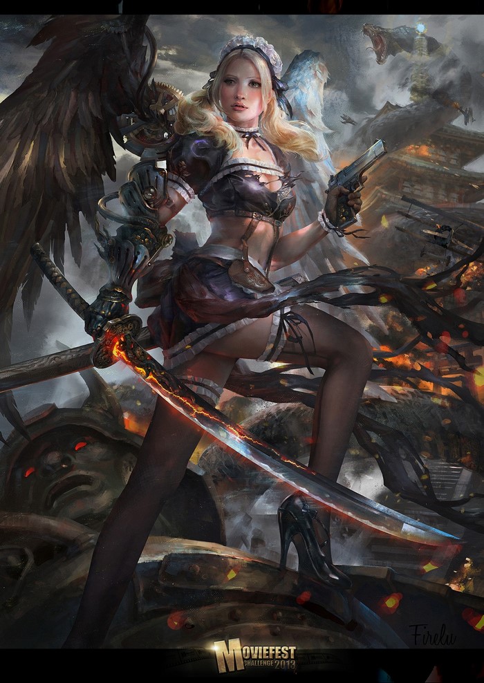Angel maid warrior with katana and gun