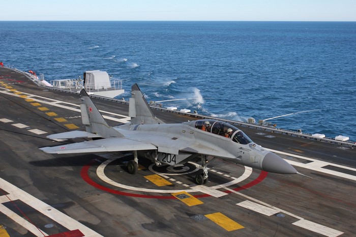 MiG-29K fighter jet on an aircraft carrier deck