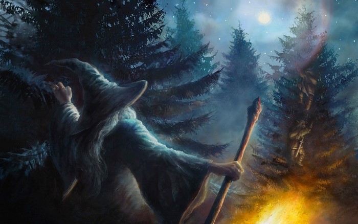 Gandalf from The Hobbit in a forest at night