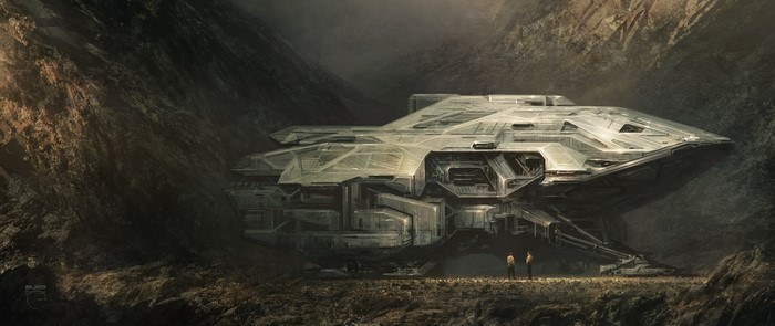 Science fiction spaceship landed in a rocky canyon