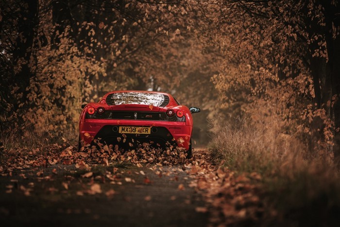 Red Ferrari F430 on a leaf-covered road