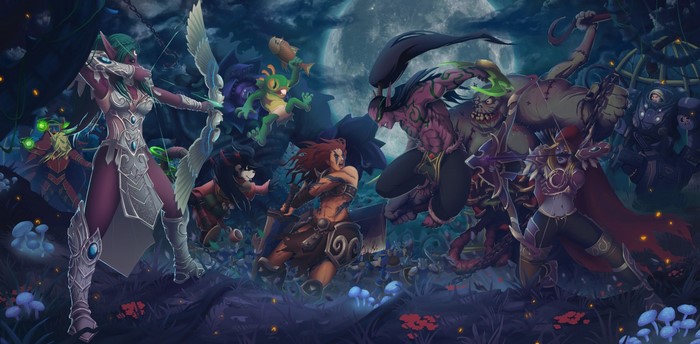 Heroes of the Storm characters in a nighttime battle