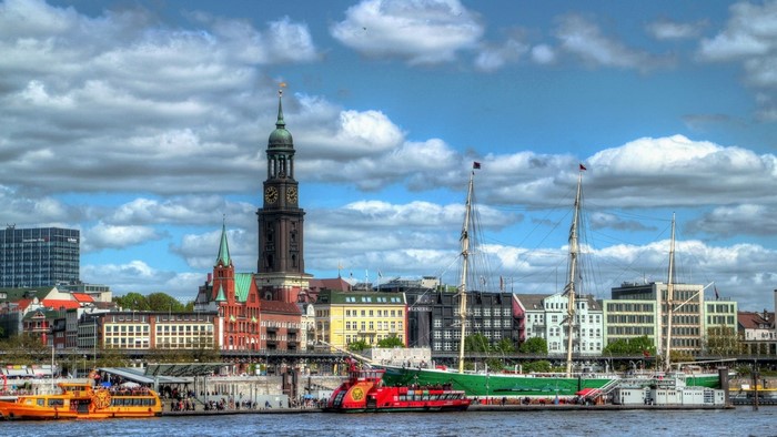 Hamburg cityscape with ships and St. Michael's Church