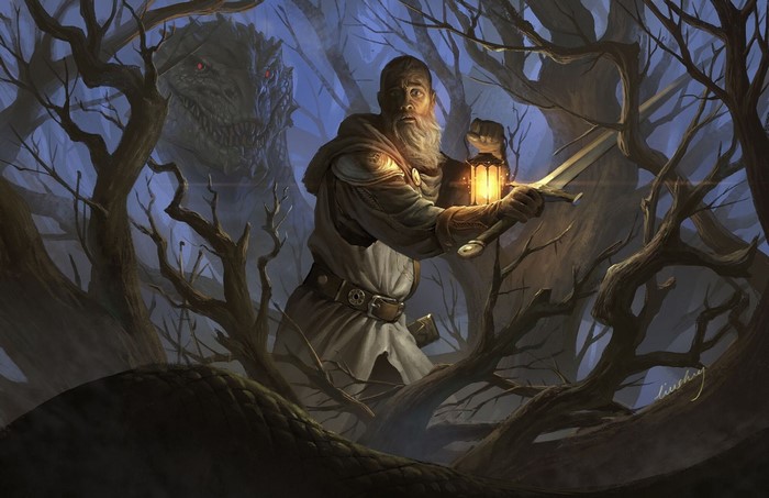 Man with lantern and sword confronts a dragon in a dark forest