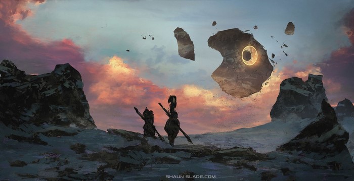 Fantasy landscape with floating rocks and figures