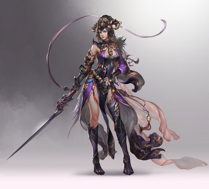 Female warrior with sword and purple costume