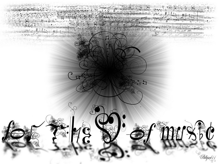 Text and musical notes with abstract design