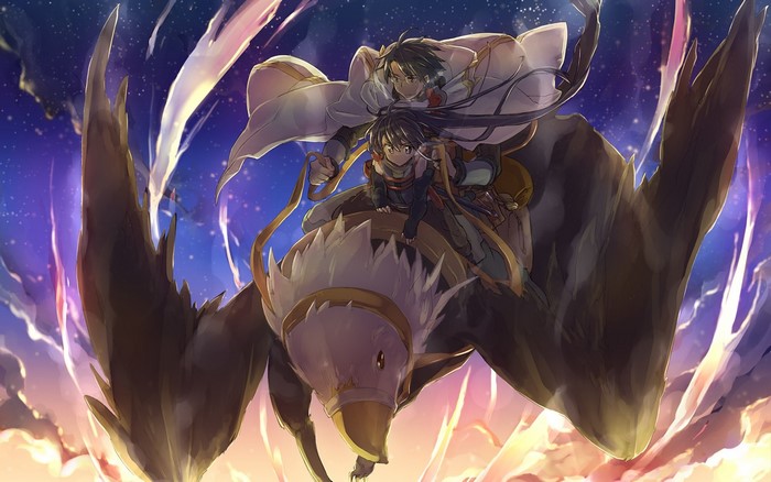 Akatsuki and Shiroe from Log Horizon riding a giant bird