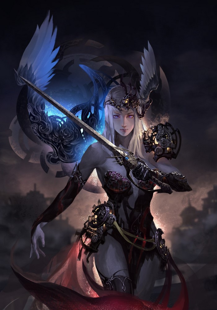 Woman warrior with wings and sword