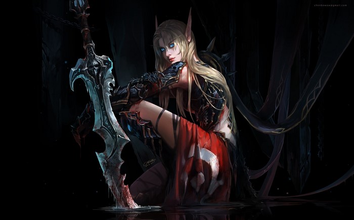 Blood Elf with a bloody sword in darkness