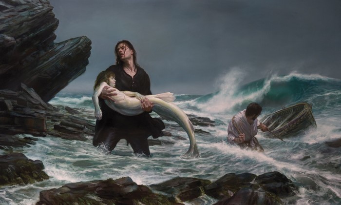 Man carrying a mermaid ashore during a storm