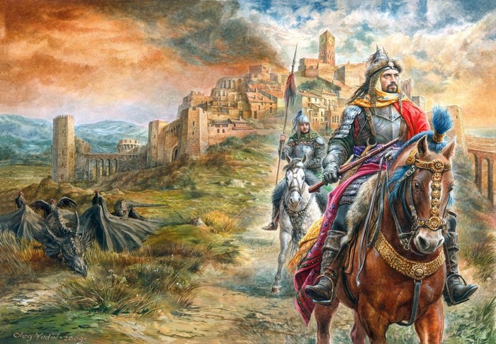 Knights on horseback with a dragon and castle in the background