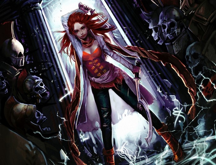 Fantasy art of a female warrior with red hair