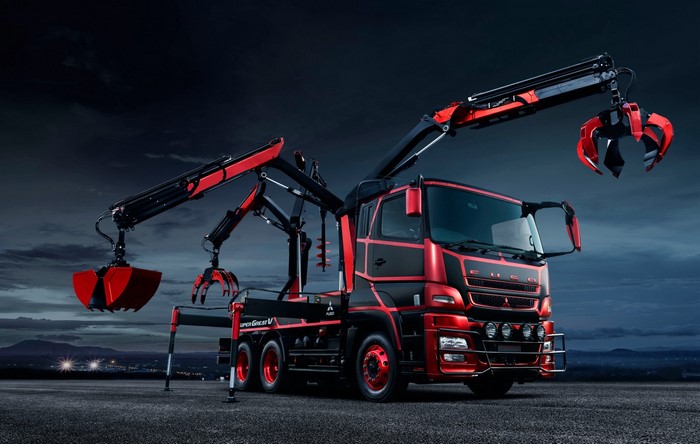Red and black Fuso Super Great V truck with cranes