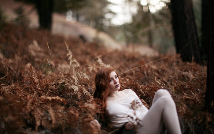 Redhead woman lying in dry ferns in a forest