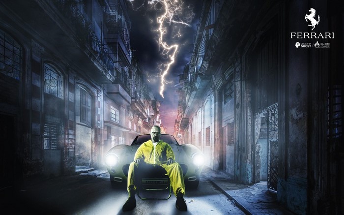 Walter White from Breaking Bad with Ferrari car and lightning