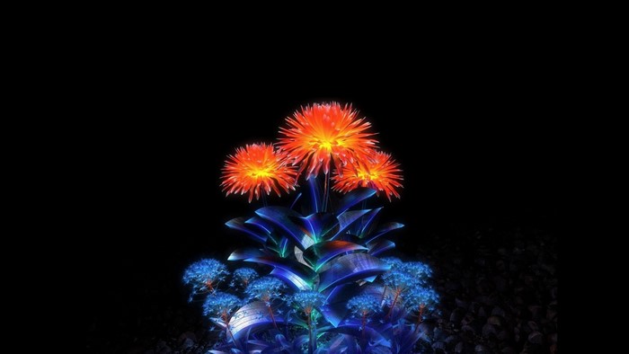 Glowing orange and blue flowers on black background