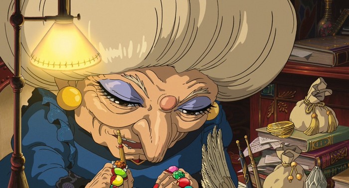 Yubaba from Spirited Away counting jewels