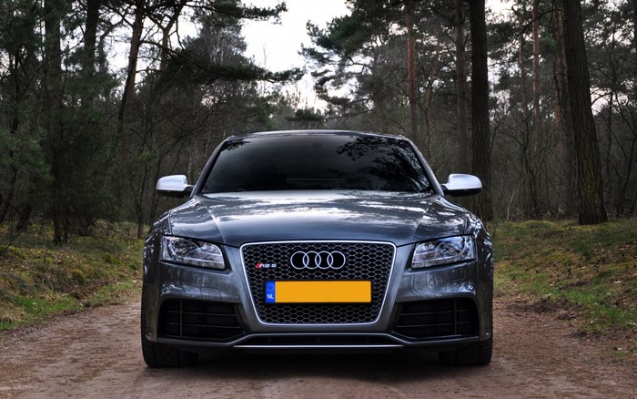 Audi RS5 parked on a dirt road in a forest