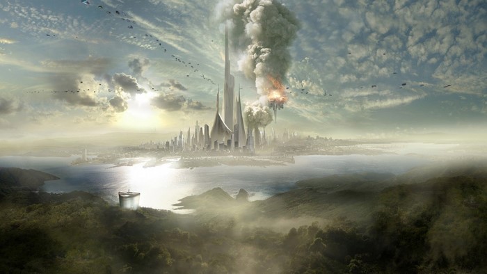 Futuristic city under attack with flying vehicles