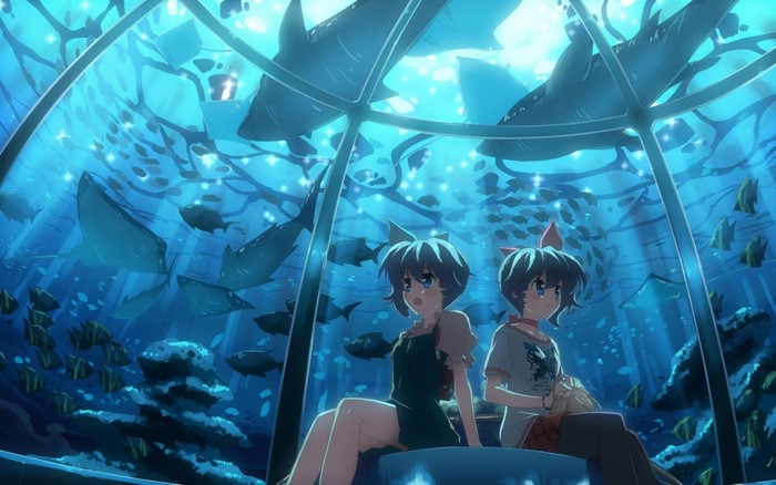 Two anime girls in an aquarium with sharks and fish