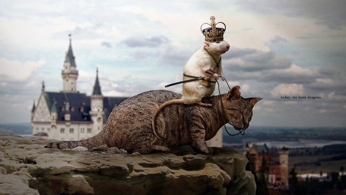 Rat King riding a cat in front of a castle