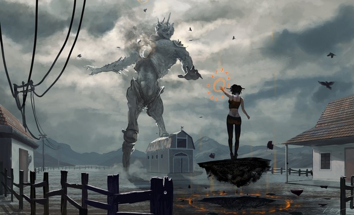 Giant robot and woman with magic in a field