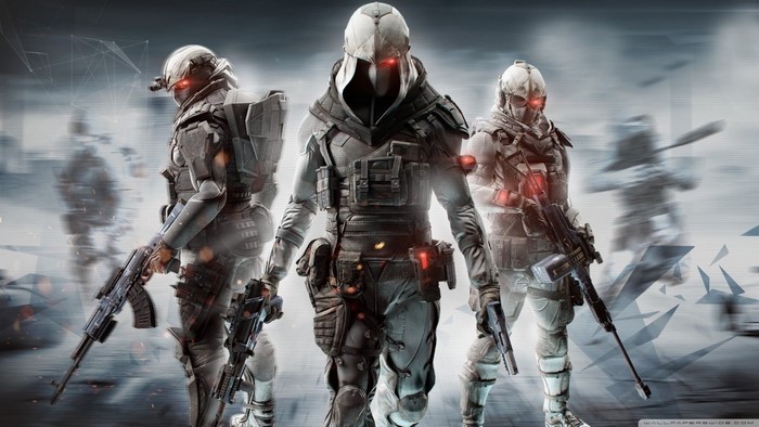 Three soldiers with glowing red eyes and futuristic armor