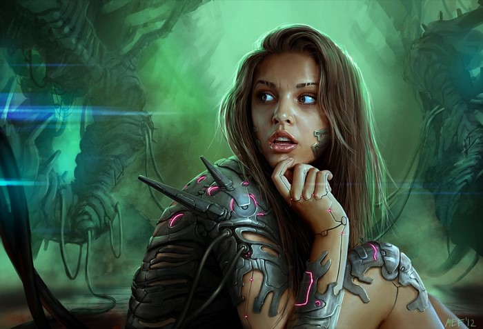 Cyborg woman with mechanical arm in a dark, green environment