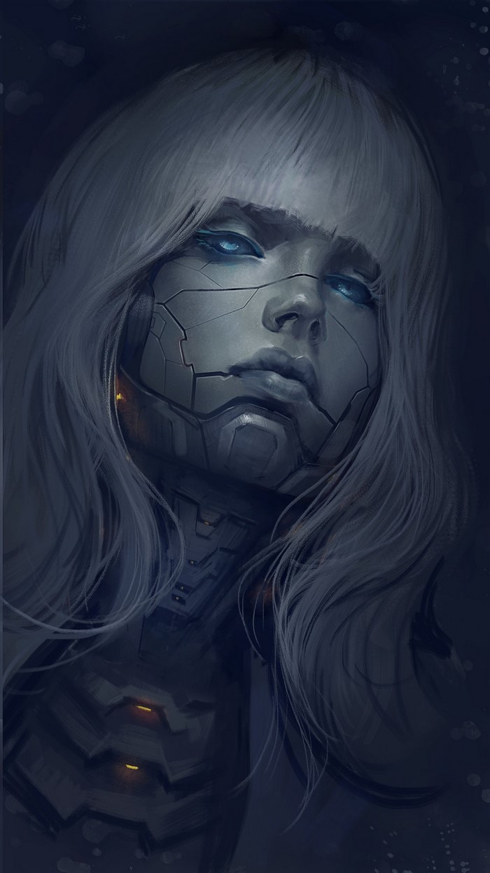 Cybernetic woman with blue eyes and white hair
