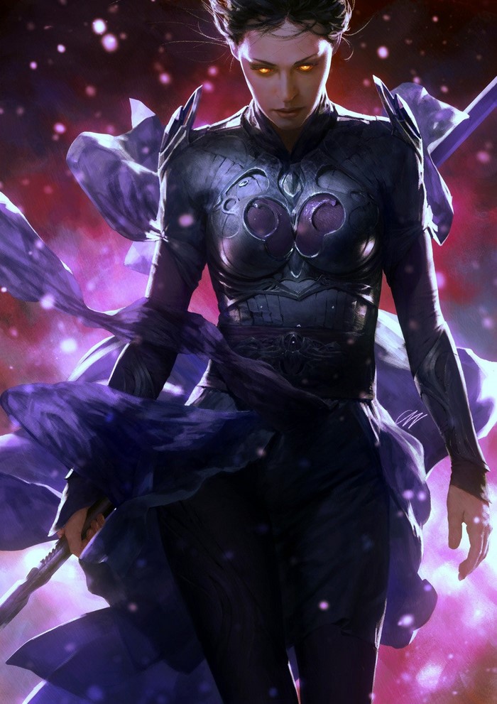 Warrior woman with glowing eyes and sword
