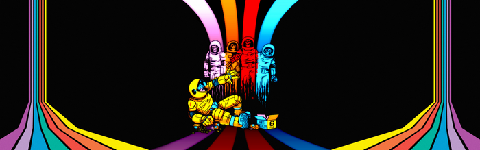Pac-Man astronaut with other astronauts and rainbow lines