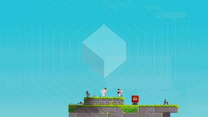 Fez Gomez and friends on a pixelated platform