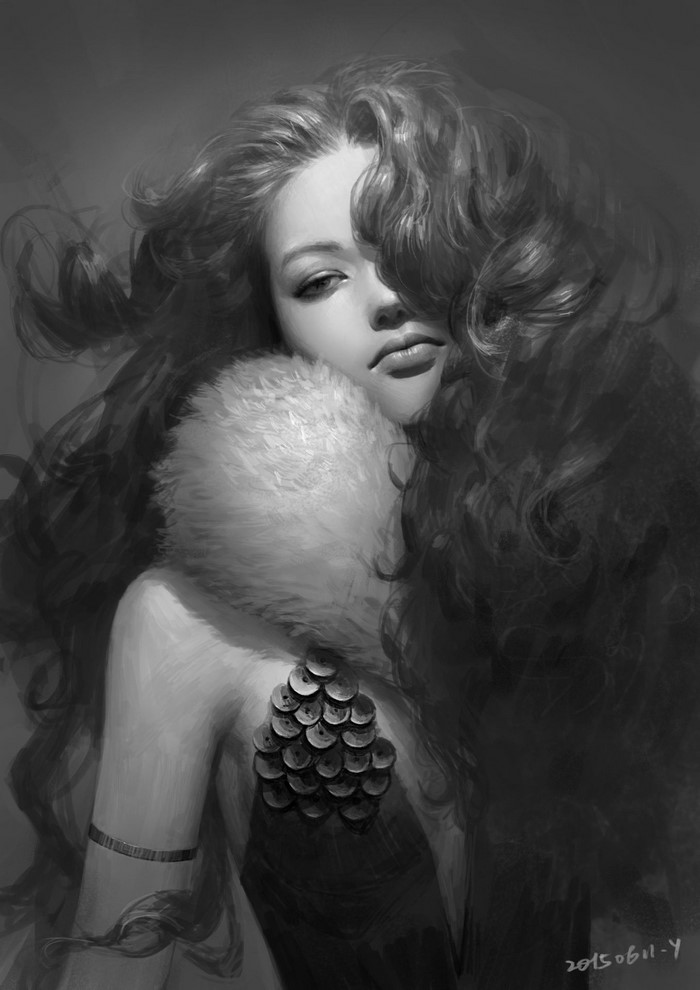 Monochrome portrait of a woman with flowing hair