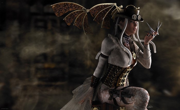 Steampunk woman with mechanical wings holding a bird